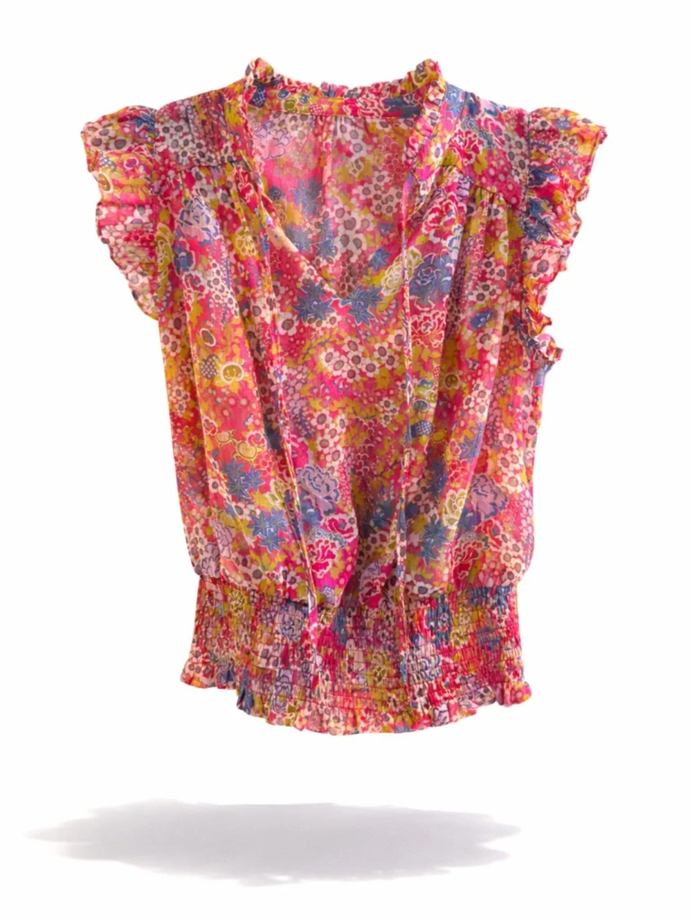 Joie Pink Floral Sheer Ruffle Sleeve Blouse - Smocked Waist - Size XS/TP